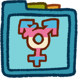 the transgender symbol colored in horizontal stripes of blue, pink, white, pink, blue (the transgender flag). It's inside a teal folder that has green and orange folder tabs behind it.